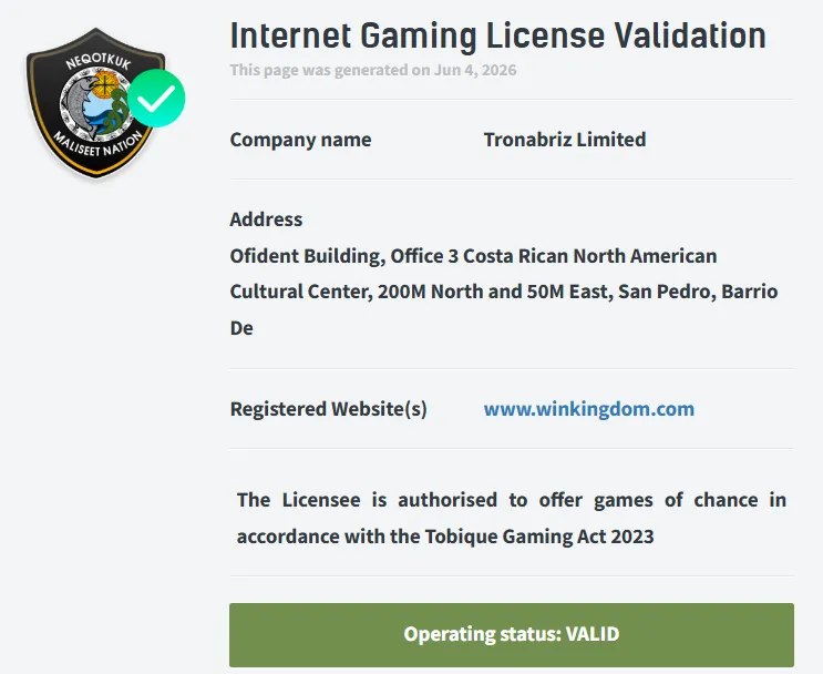 WinKingdom Casino Licence